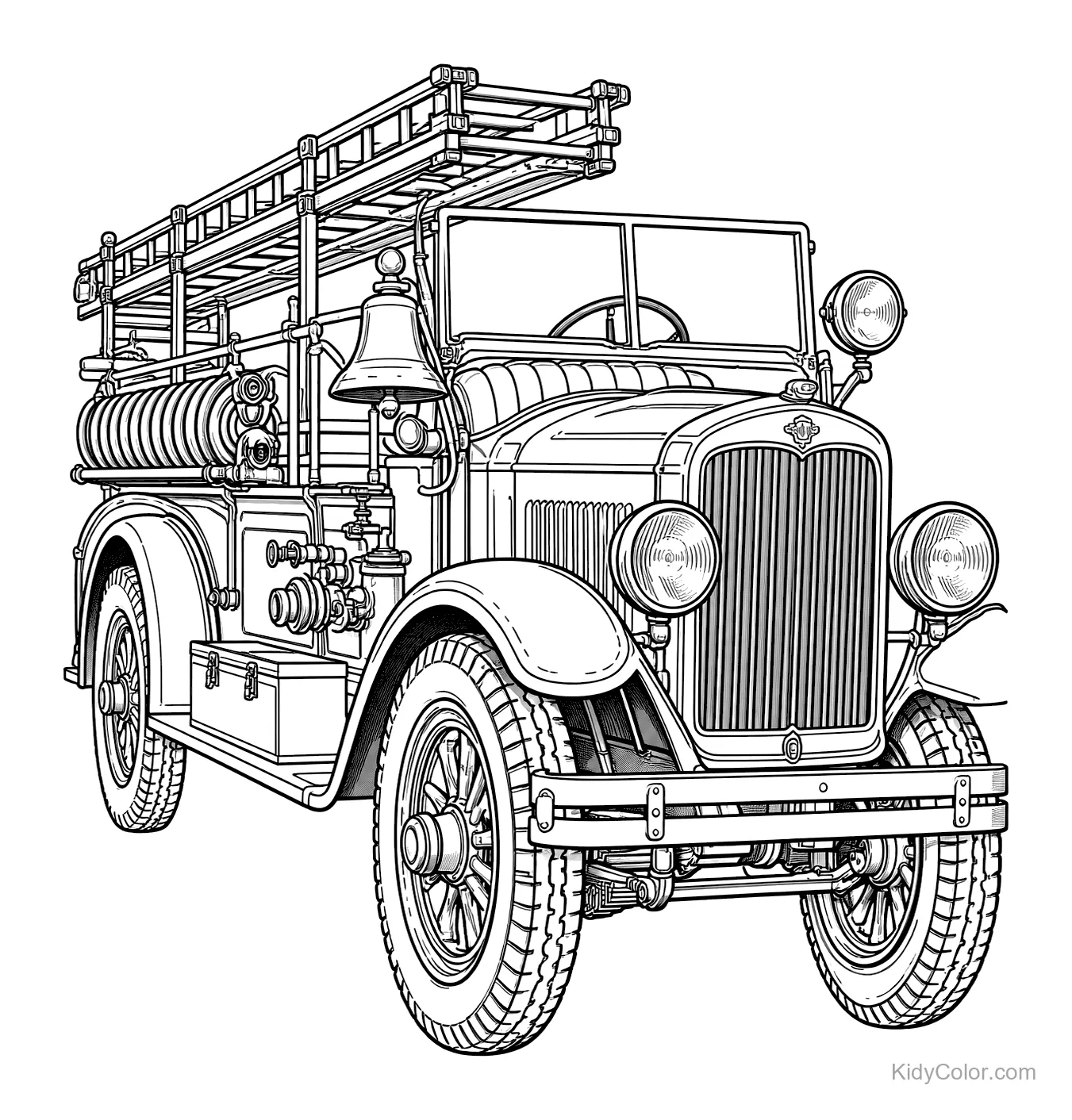 Caminhão de bombeiros dos anos 1930 com escada e mangueiras.