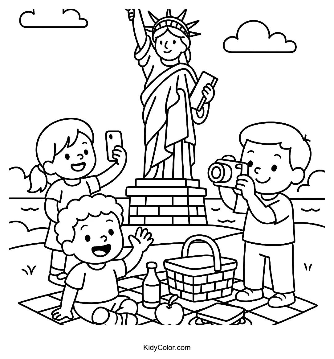 Visitors picnic near the Statue of Liberty
