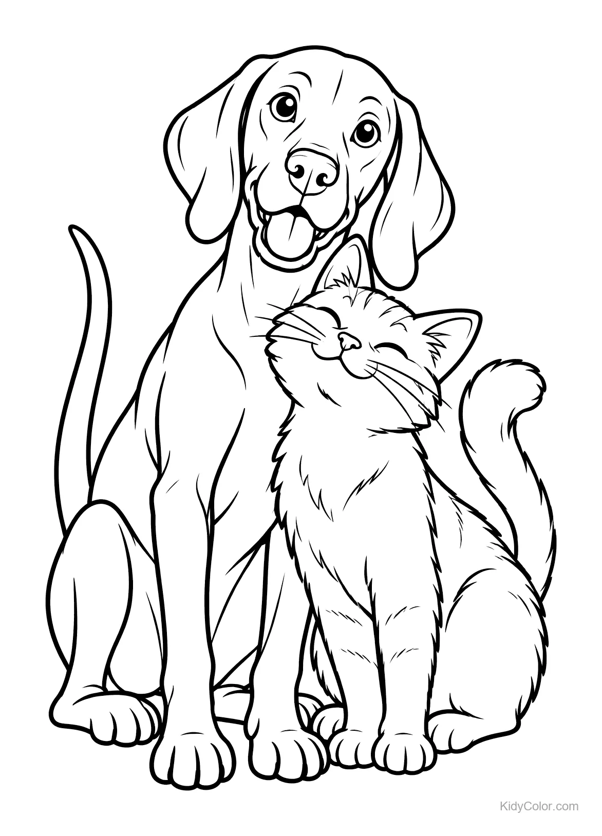 A Vizsla dog and a cat cuddling happily.