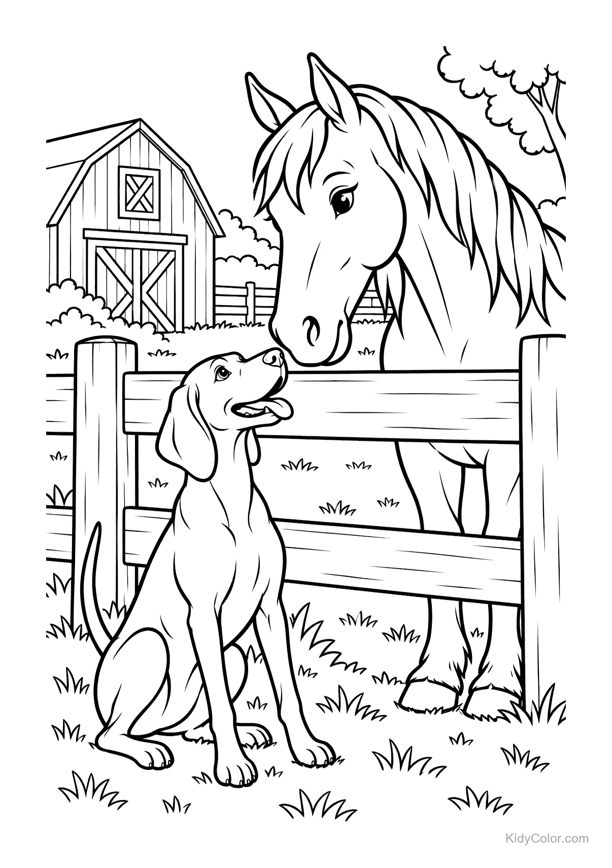 A Vizsla dog sitting in front of a horse near a farm fence with a barn in the background.