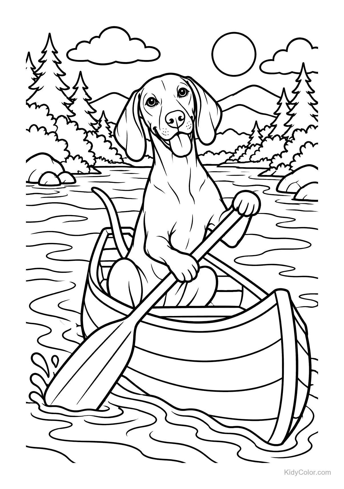 A Vizsla dog paddling a canoe on a river surrounded by nature.