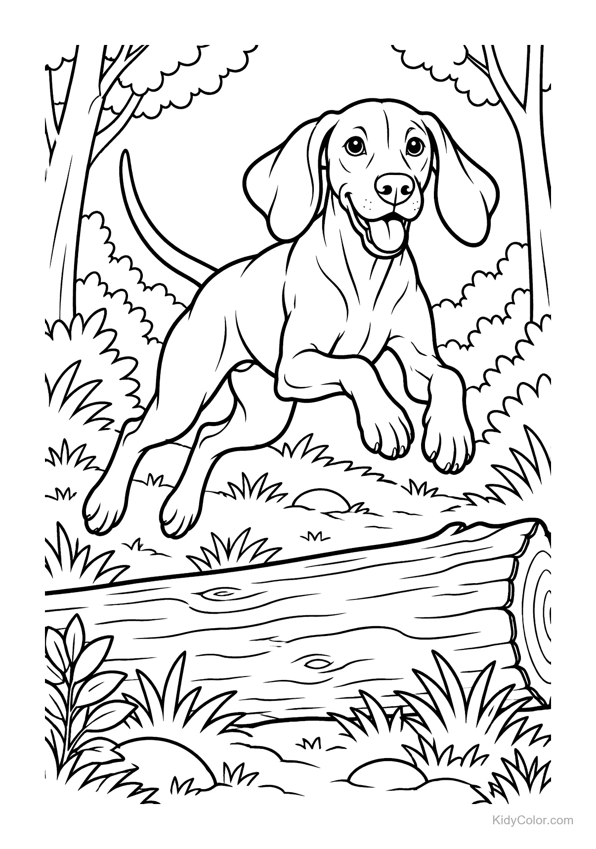 Vizsla dog leaping over a log in a forest setting.