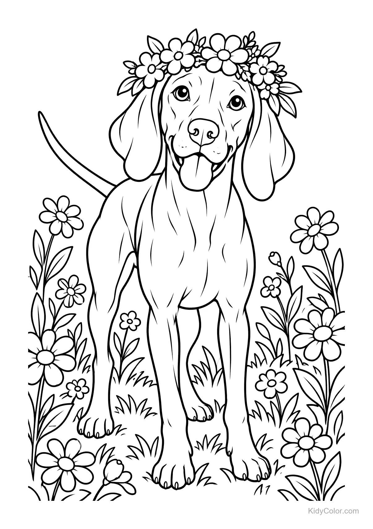 A Vizsla dog with a flower crown in a garden of flowers.