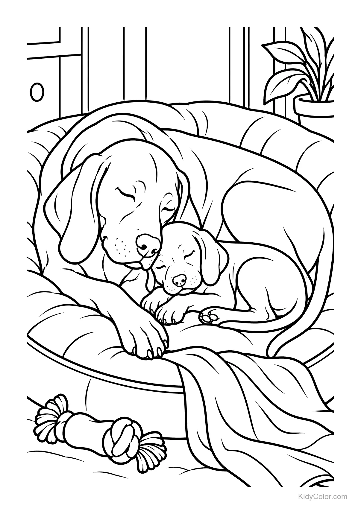 Two Vizsla dogs sleeping on a cozy bed with a blanket.