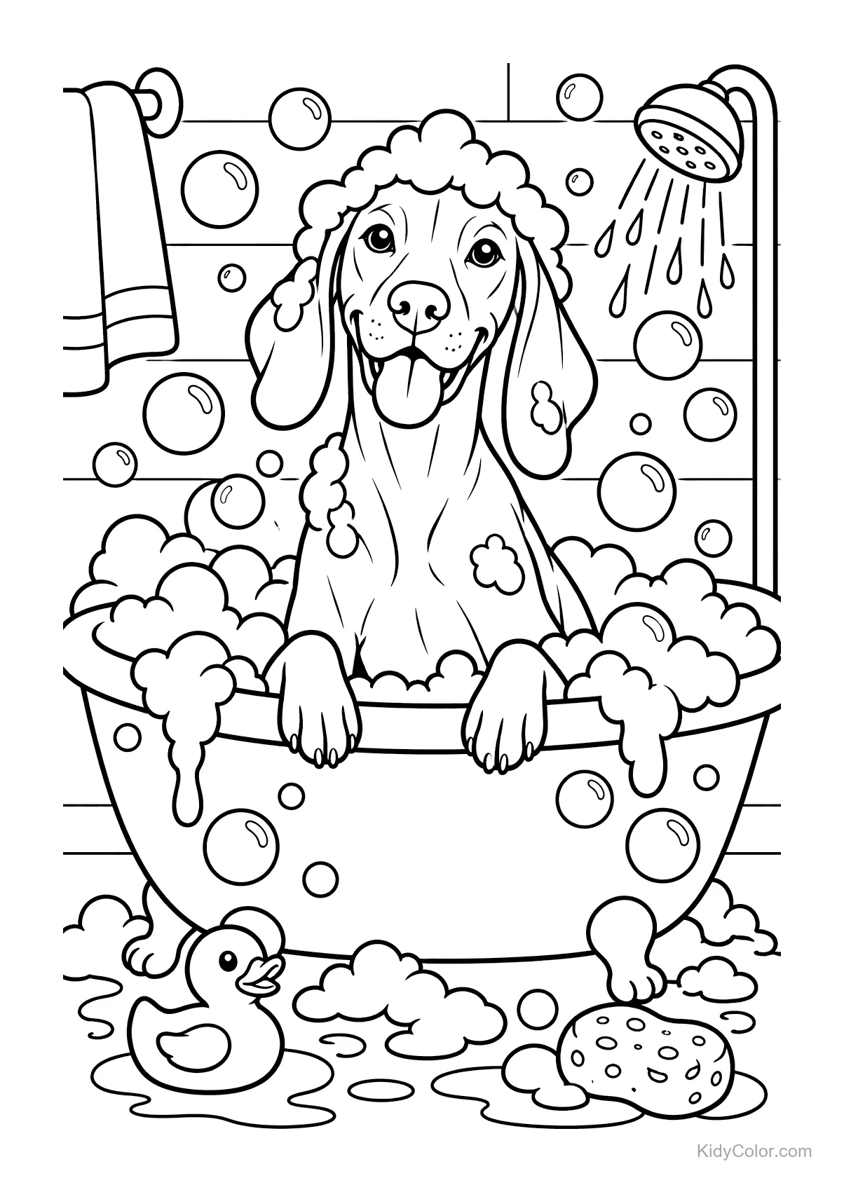 Vizsla dog in a bathtub with bubbles, rubber duck, and sponge.