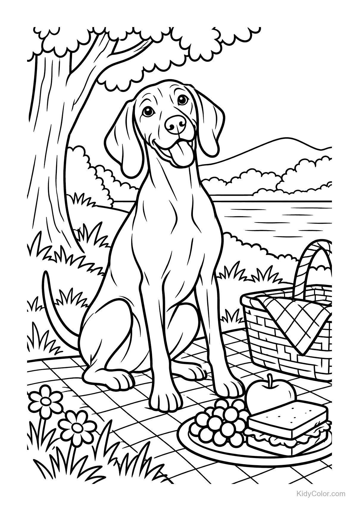 Vizsla by a picnic spread with a tree and lake in the background.