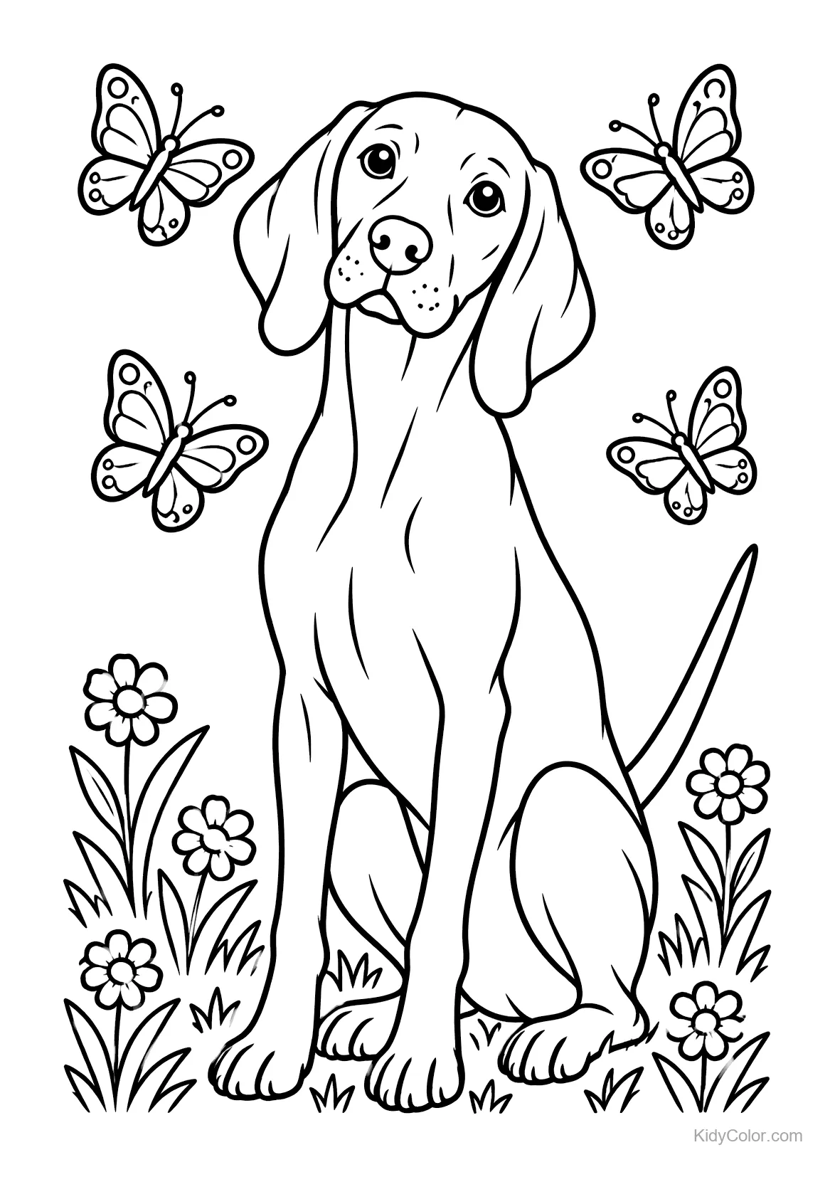Vizsla sitting in a meadow with butterflies and flowers.
