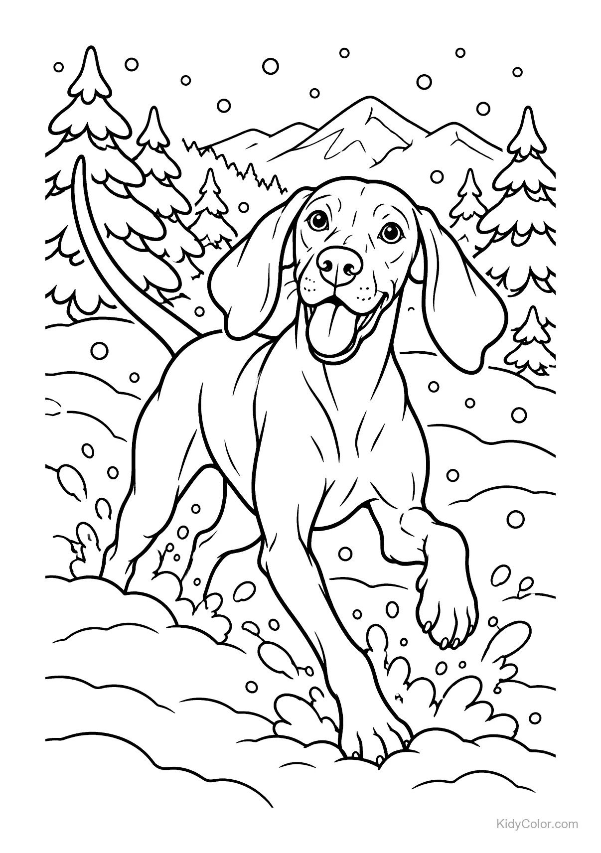 A Vizsla dog happily running through snow with trees and mountains in the background.