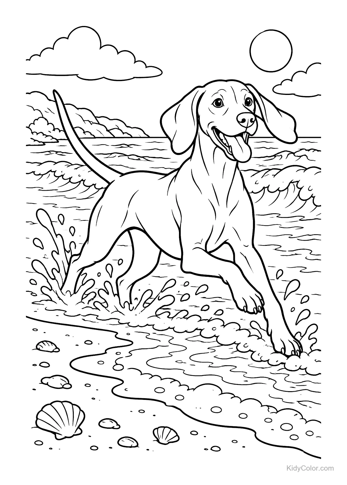 Vizsla leaping through ocean waves with a sun in the background.