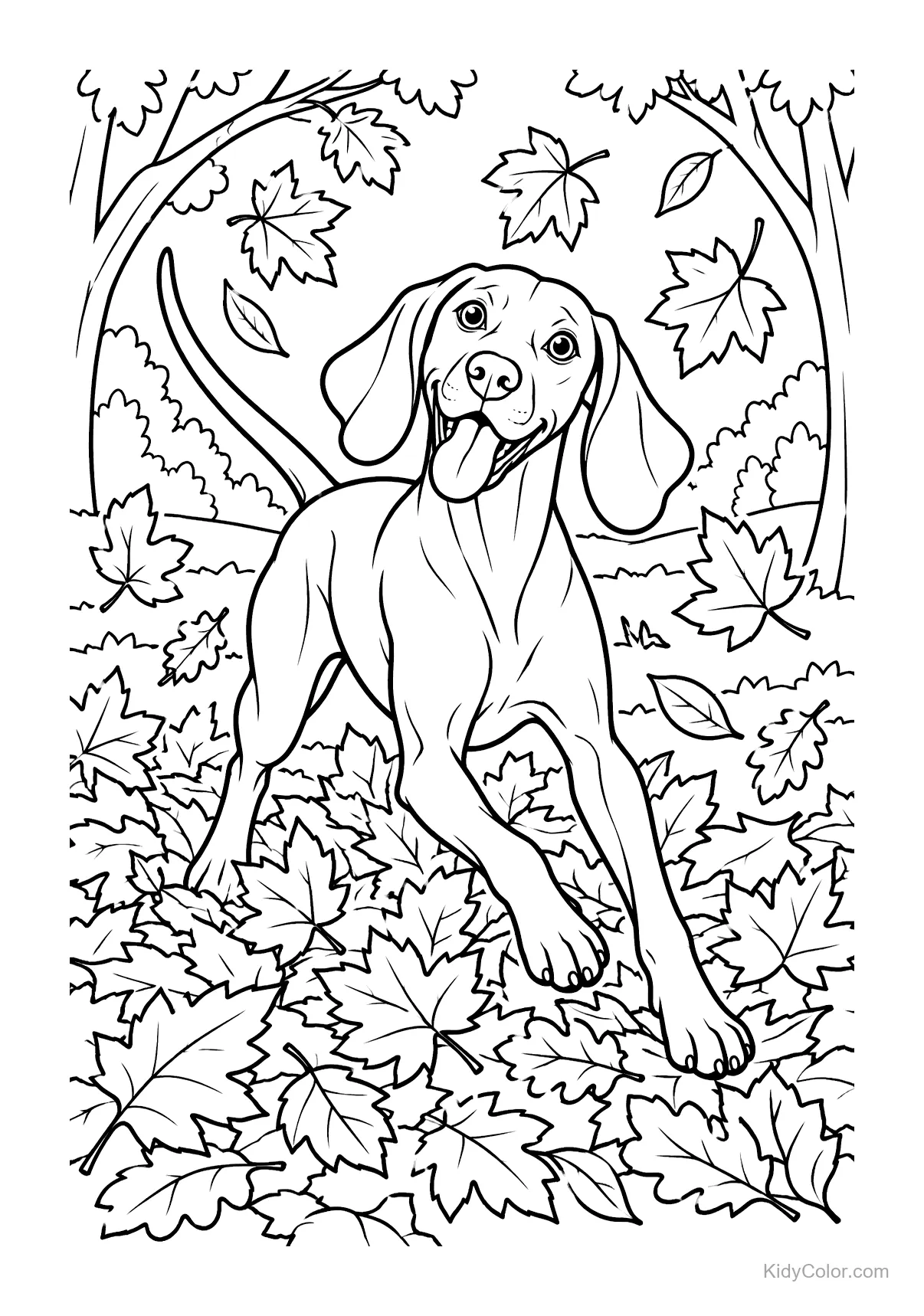 A Vizsla dog playing among autumn leaves with trees in the background.