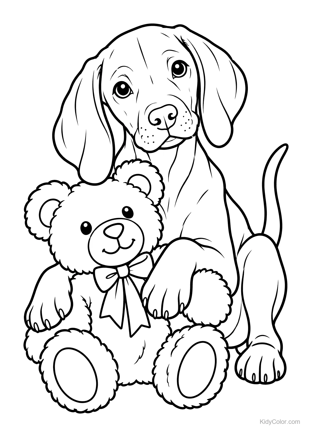 Vizsla puppy cuddling with a teddy bear.