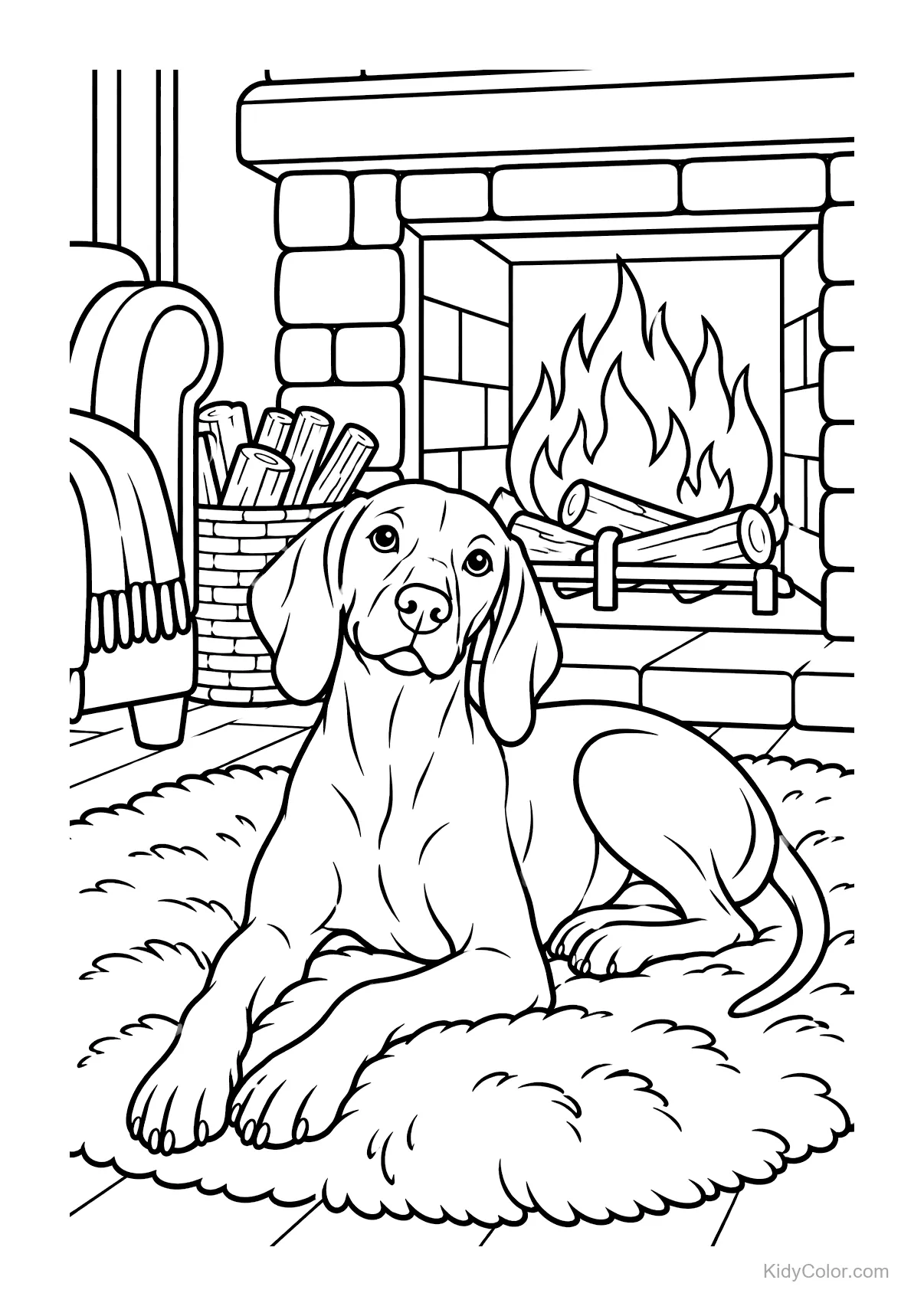 A Vizsla dog lying on a rug in front of a fireplace.