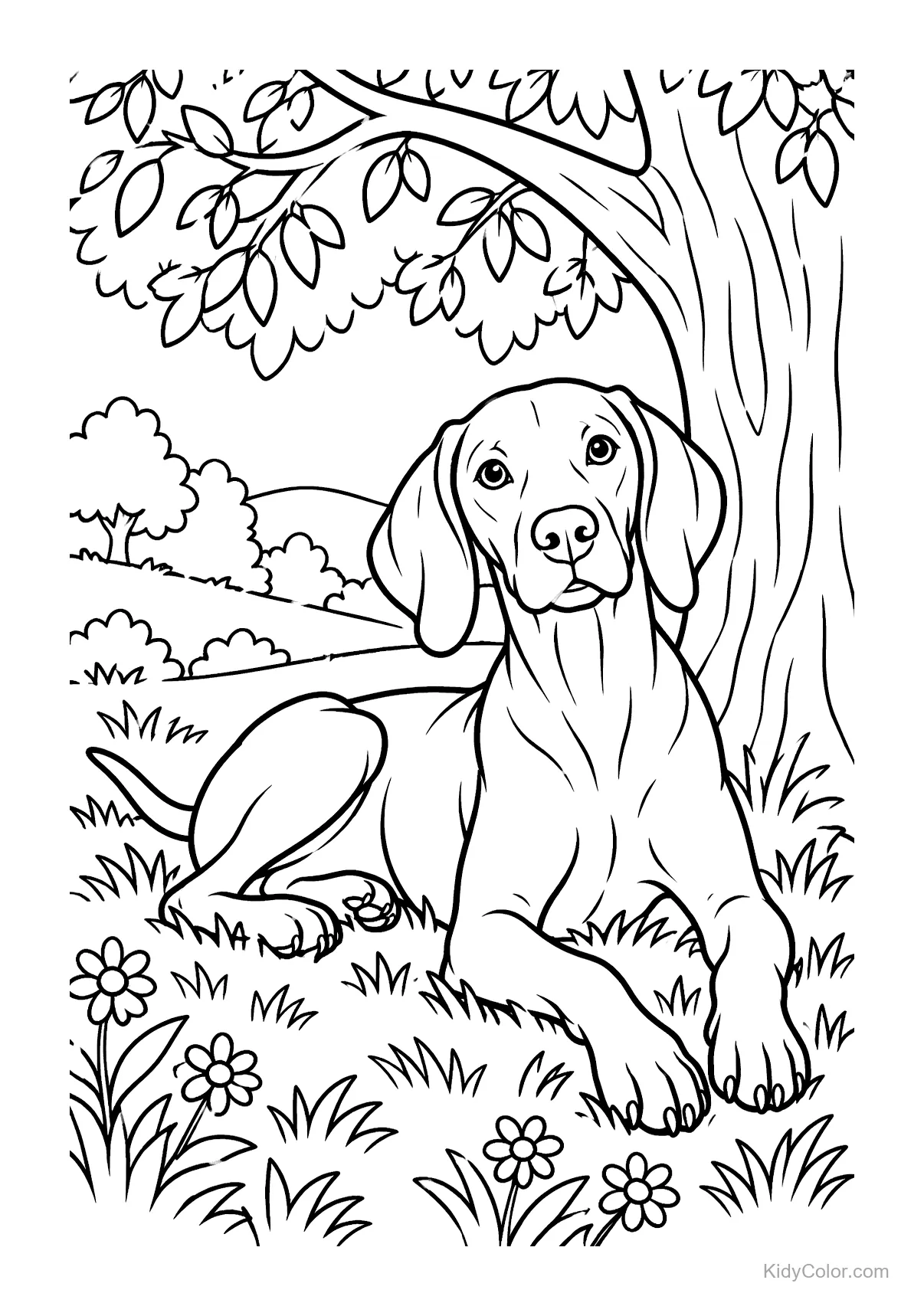 A Vizsla dog lying under a tree surrounded by flowers and grass.