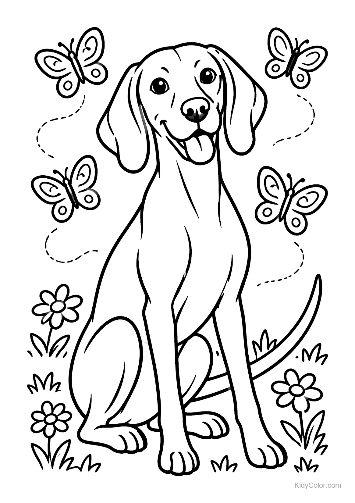 Vizsla dog sitting among flowers with butterflies around.