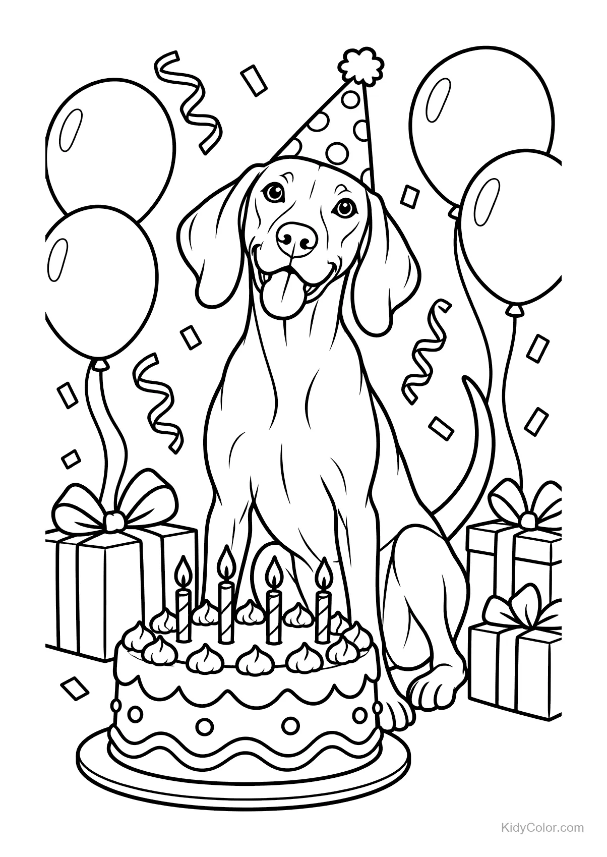 Vizsla dog with a party hat, cake, balloons, and presents.
