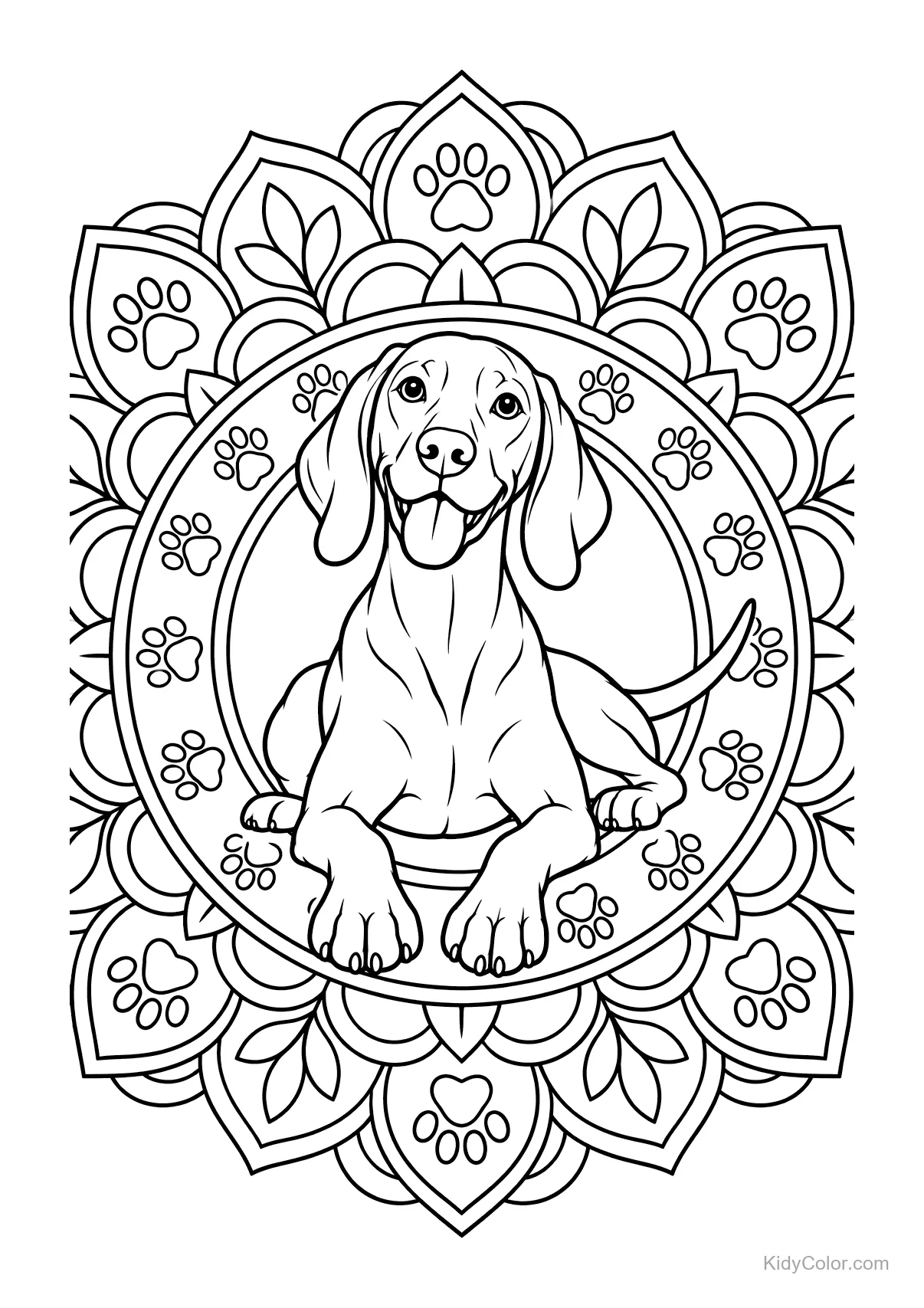 A Vizsla sits in the center of a mandala with paw prints.