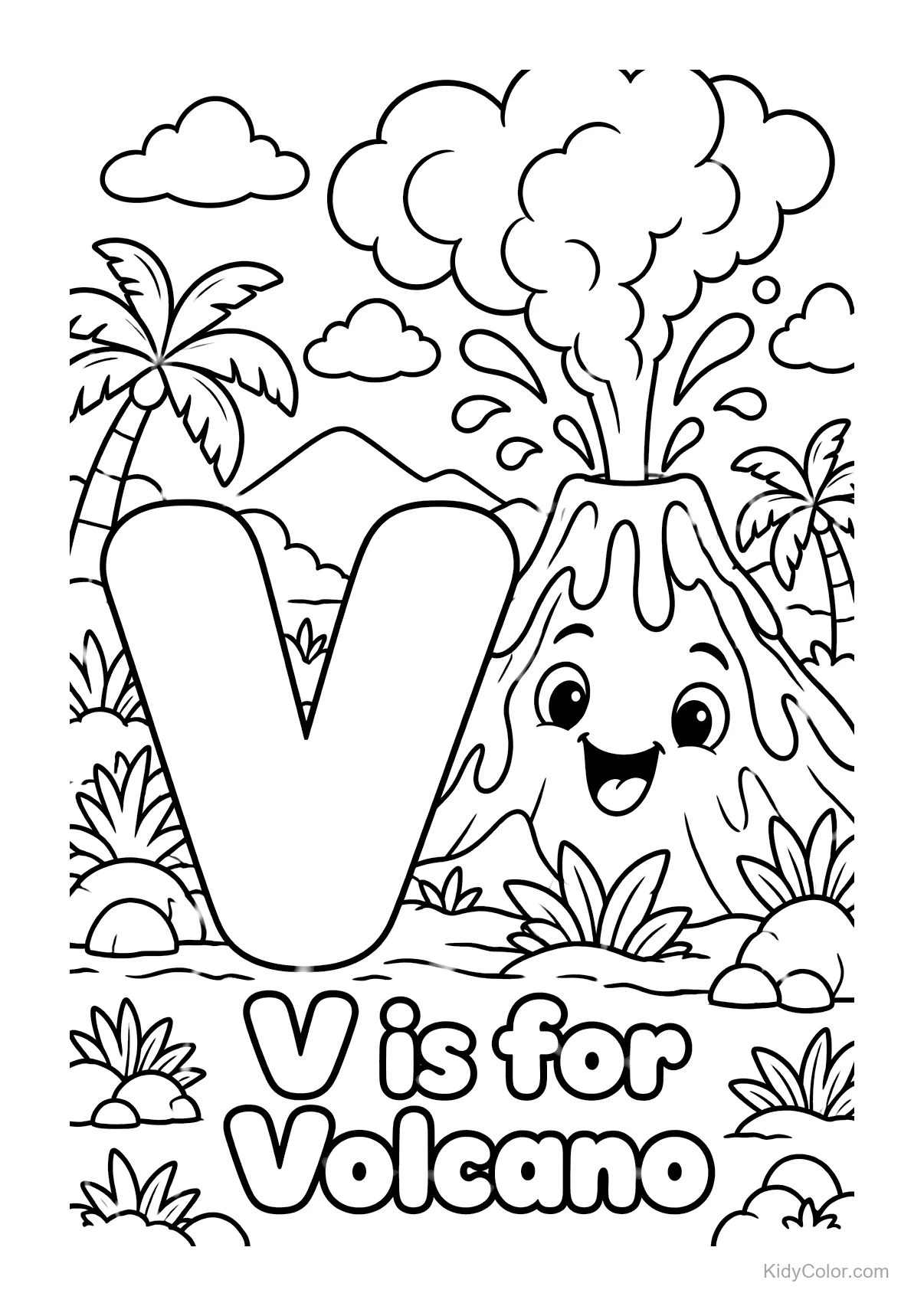 Smiling volcano with letter V and tropical scenery.
