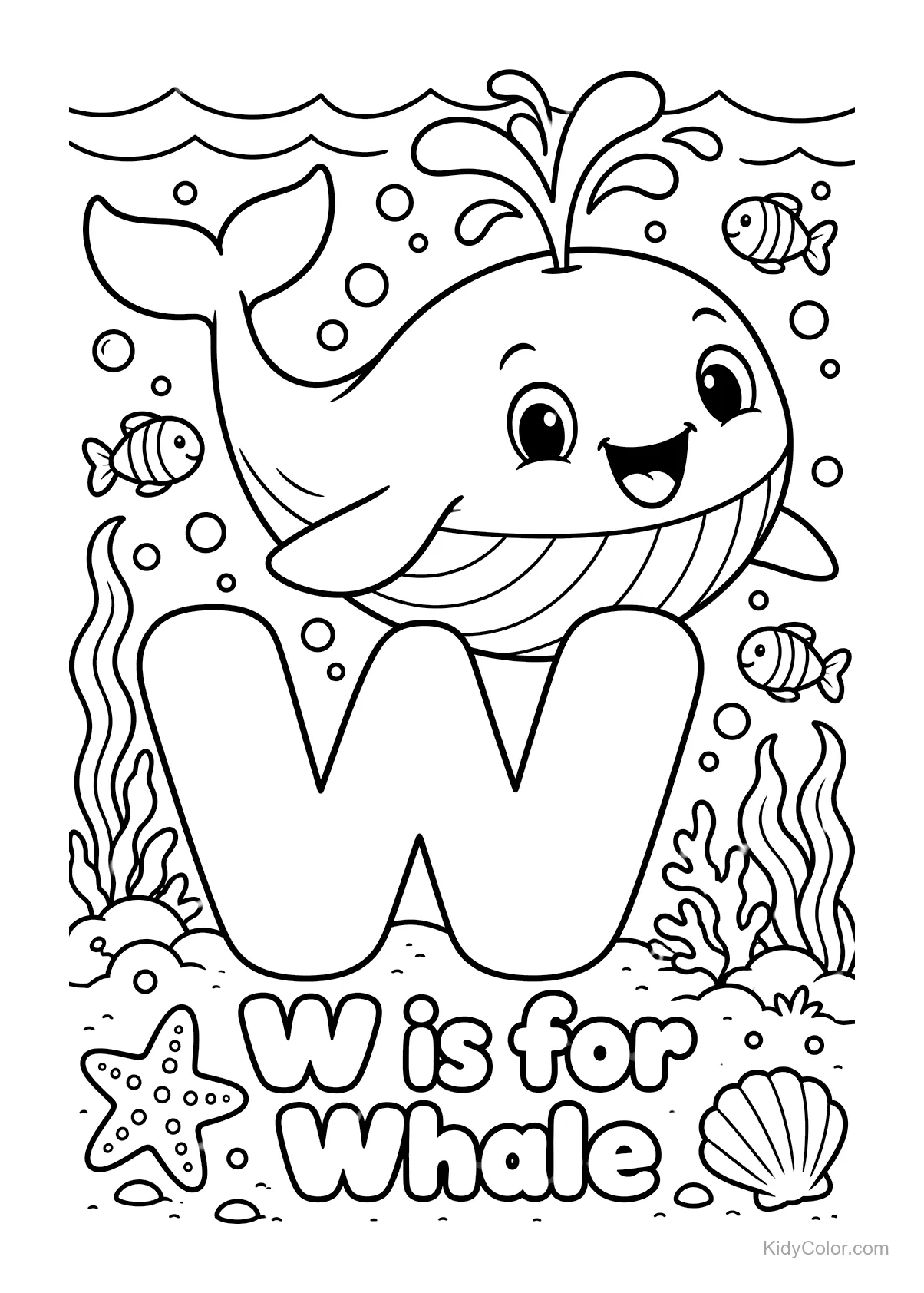 A large 'W' with a smiling whale and fish underwater.