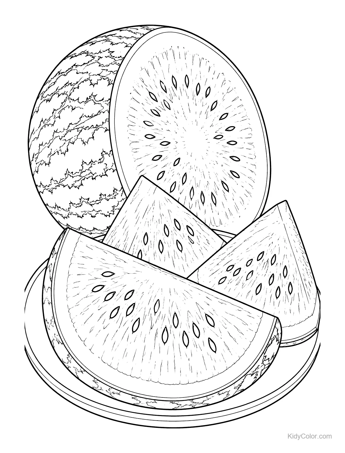 Watermelon slices on a plate, with a whole watermelon behind.