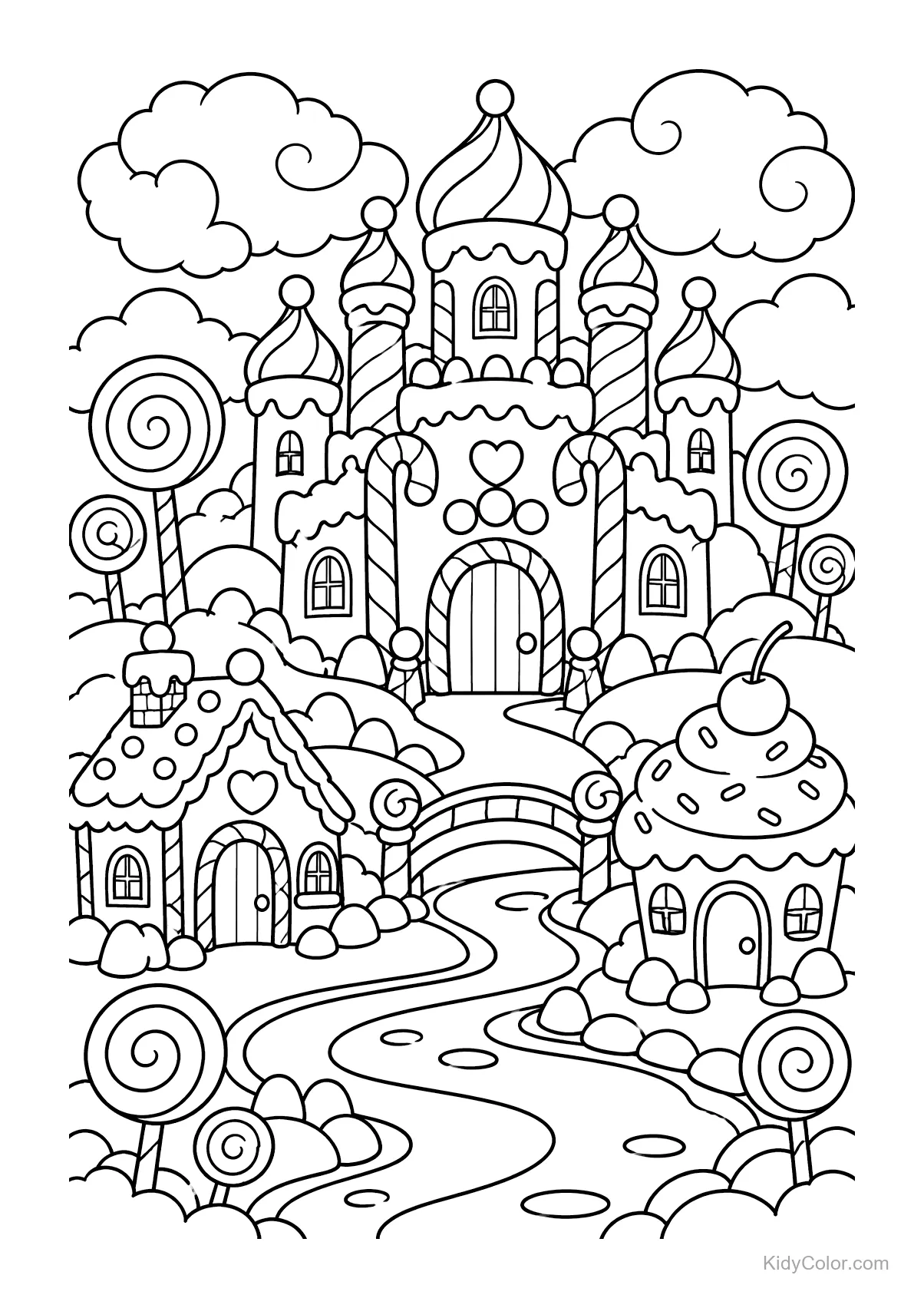 A candy castle with towers, lollipop trees, and a path.