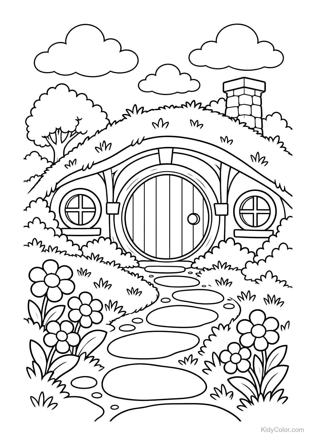 Casa hobbit su una collina con finestre tonde e sentiero di pietra.