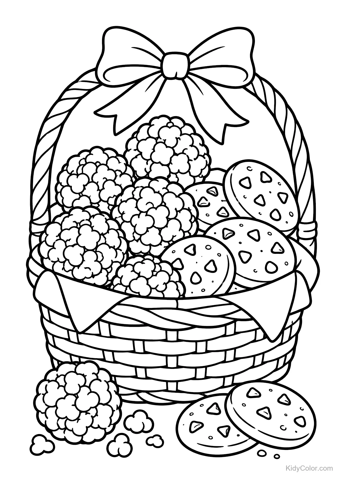 Korb mit Keksen und Popcornbällen, mit Schleife verziert.