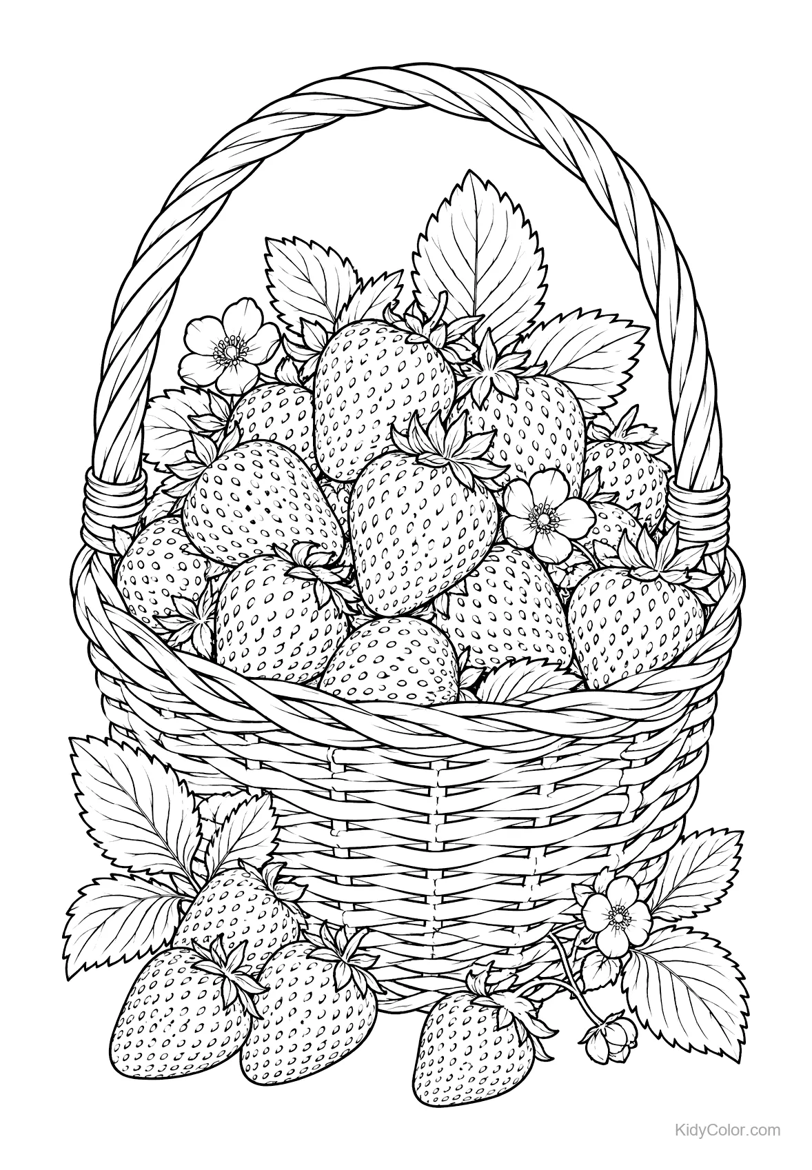 A wicker basket filled with strawberries and blossoms, with leaves.