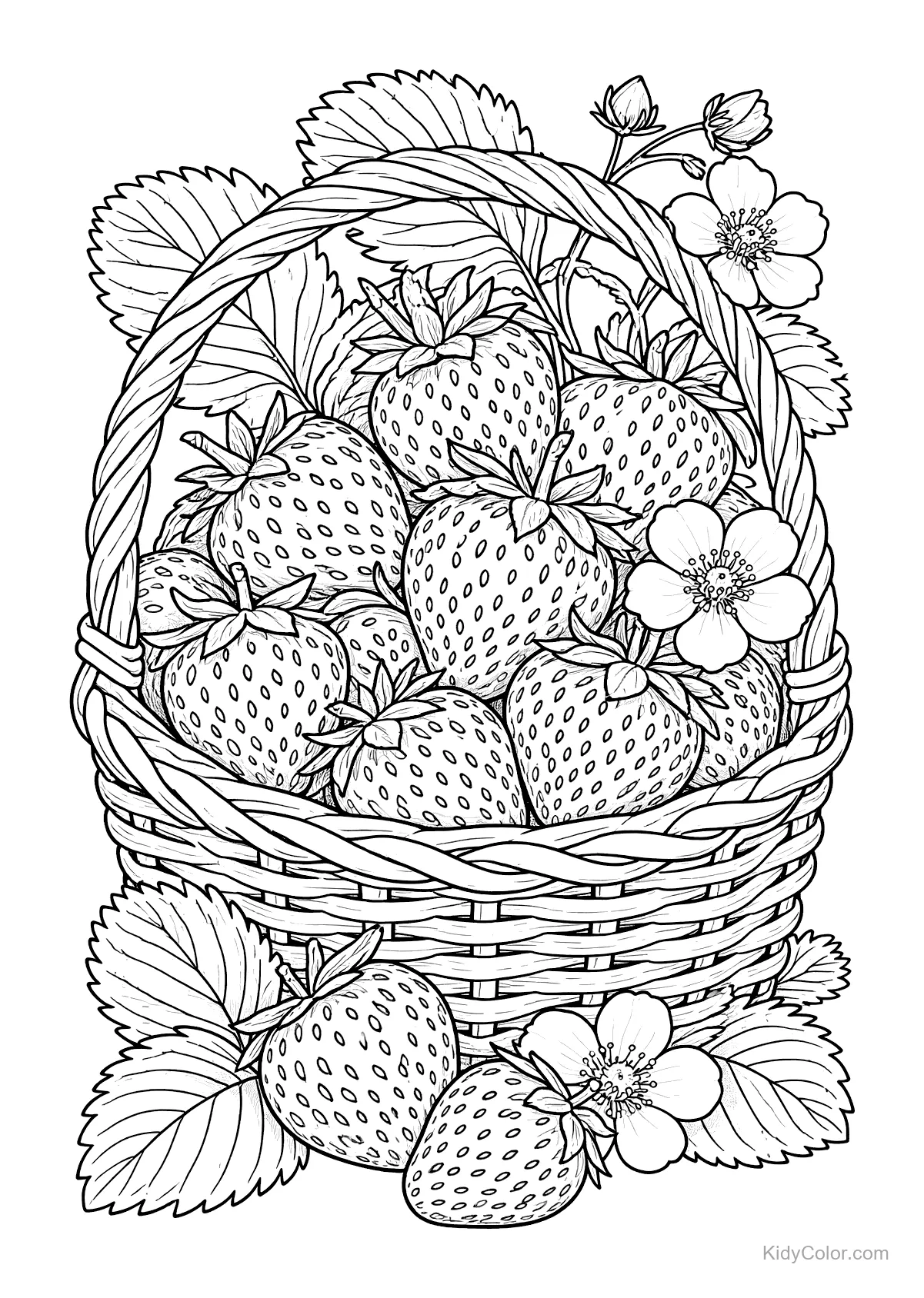Wicker basket filled with strawberries and blossoms.