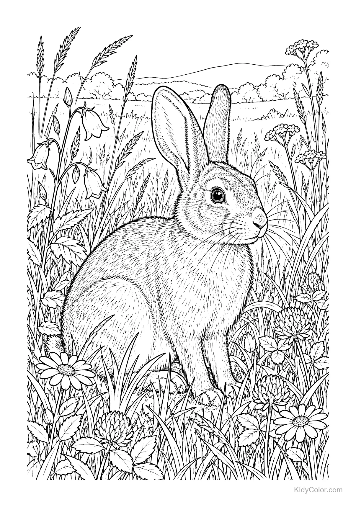 A rabbit sits in a meadow with grasses and wildflowers.