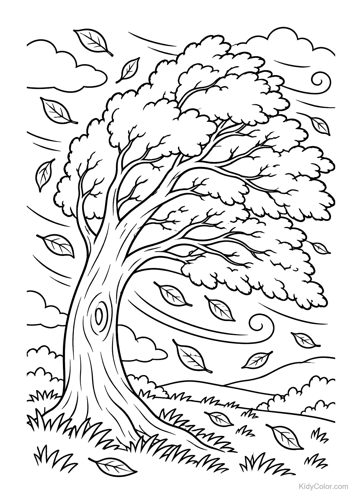 A large tree with swirling wind and falling leaves around it.