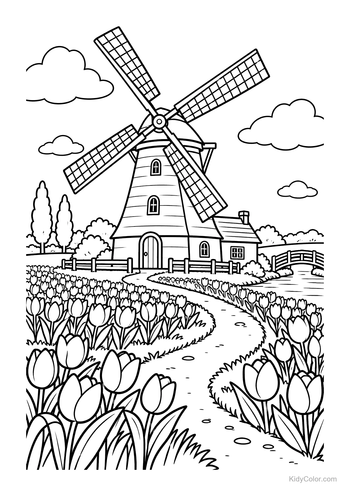 Windmill towering over a field of tulips with clouds in the sky.