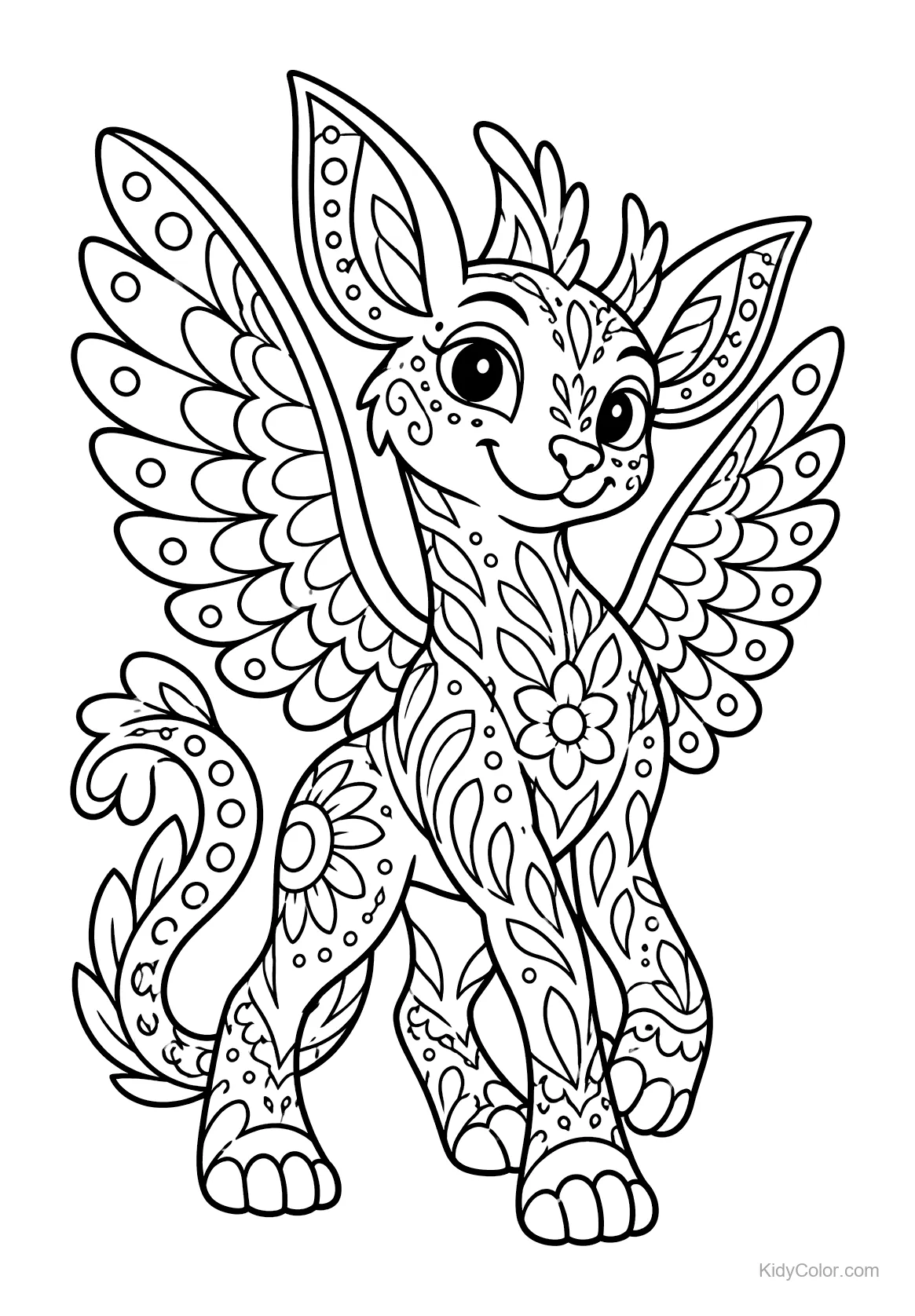 Winged alebrije with floral patterns and large eyes.