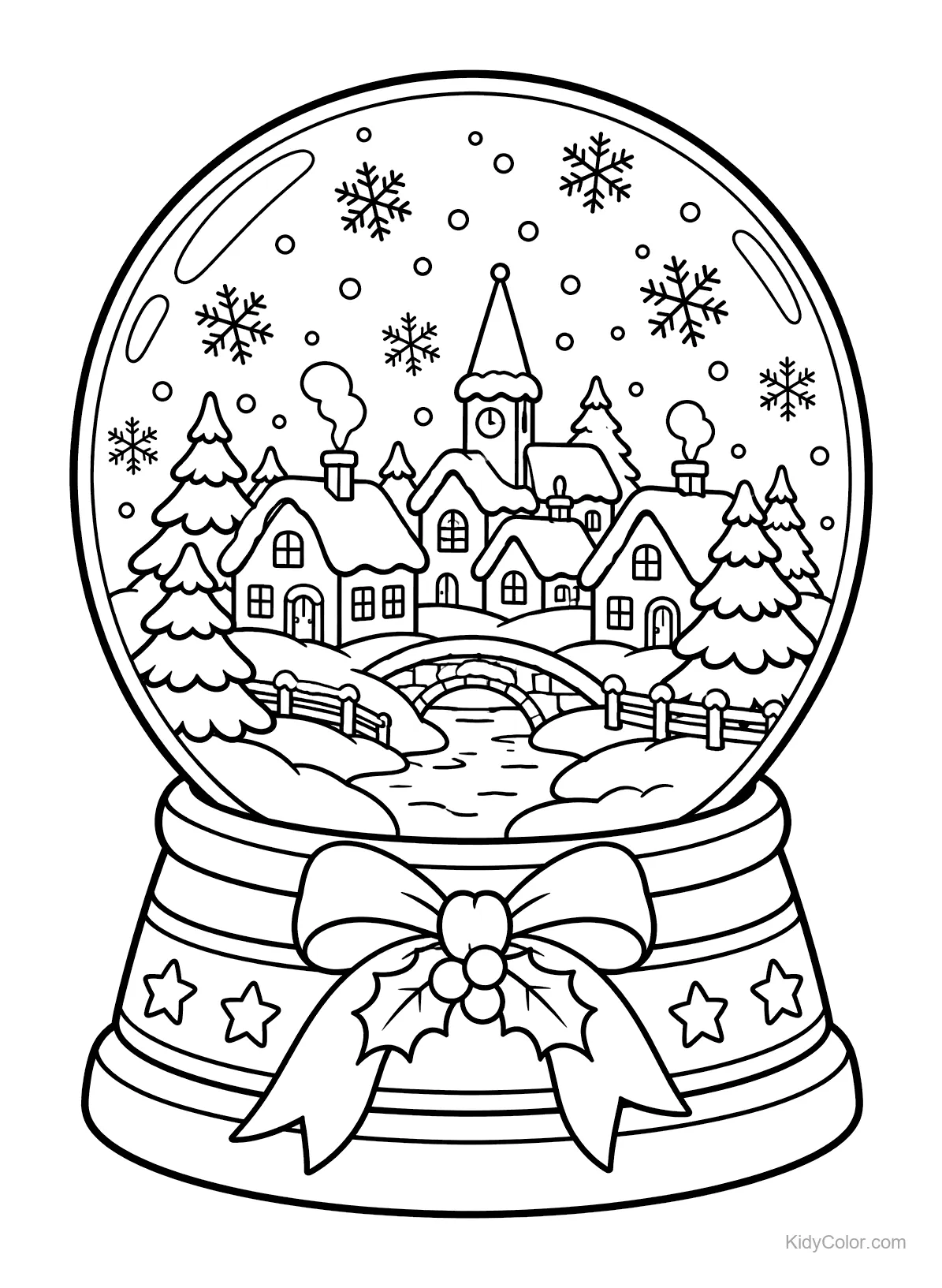 A snow globe with a winter village scene, houses, trees, and snowflakes.