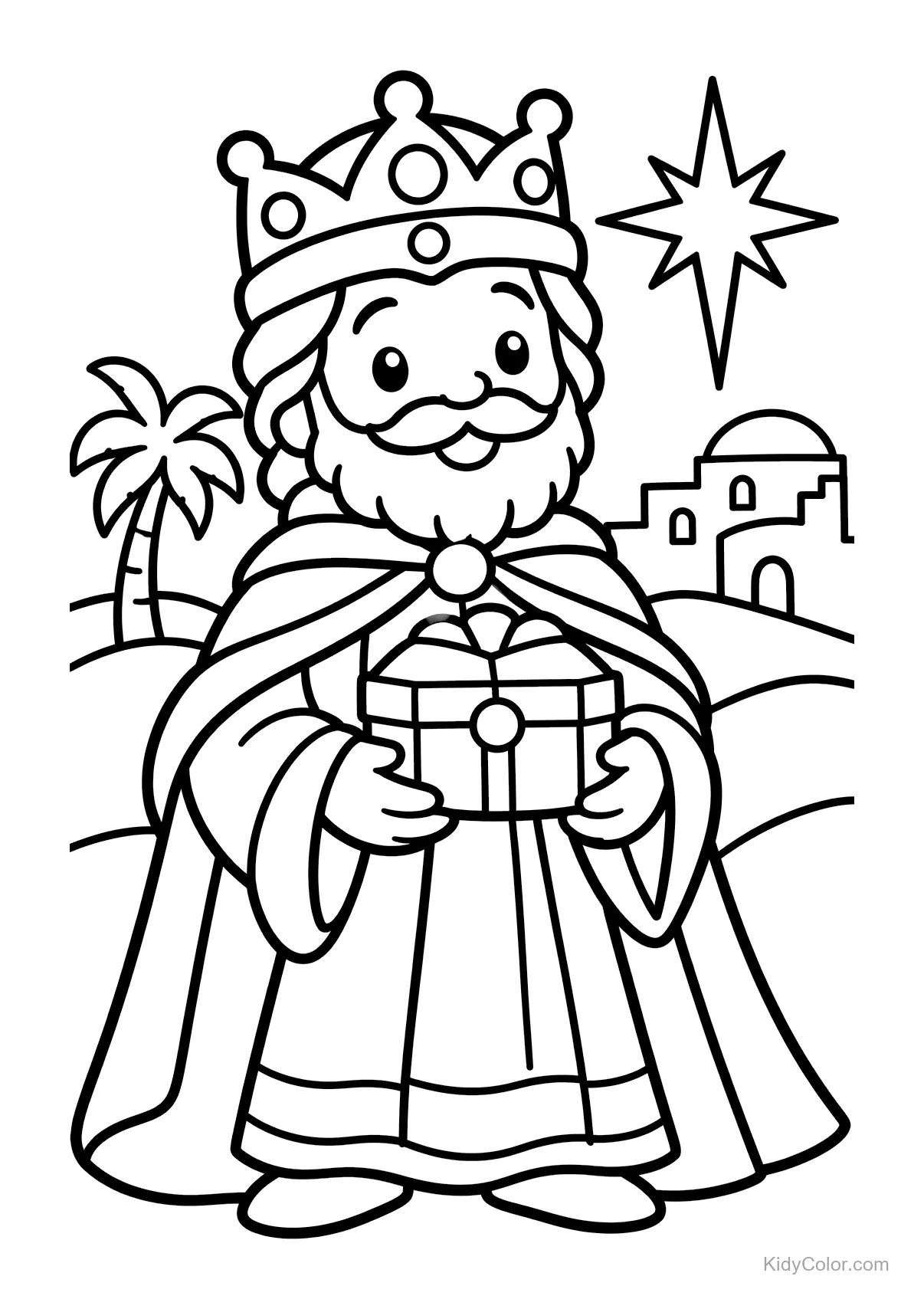 Wise king with crown and gift in desert, star above.
