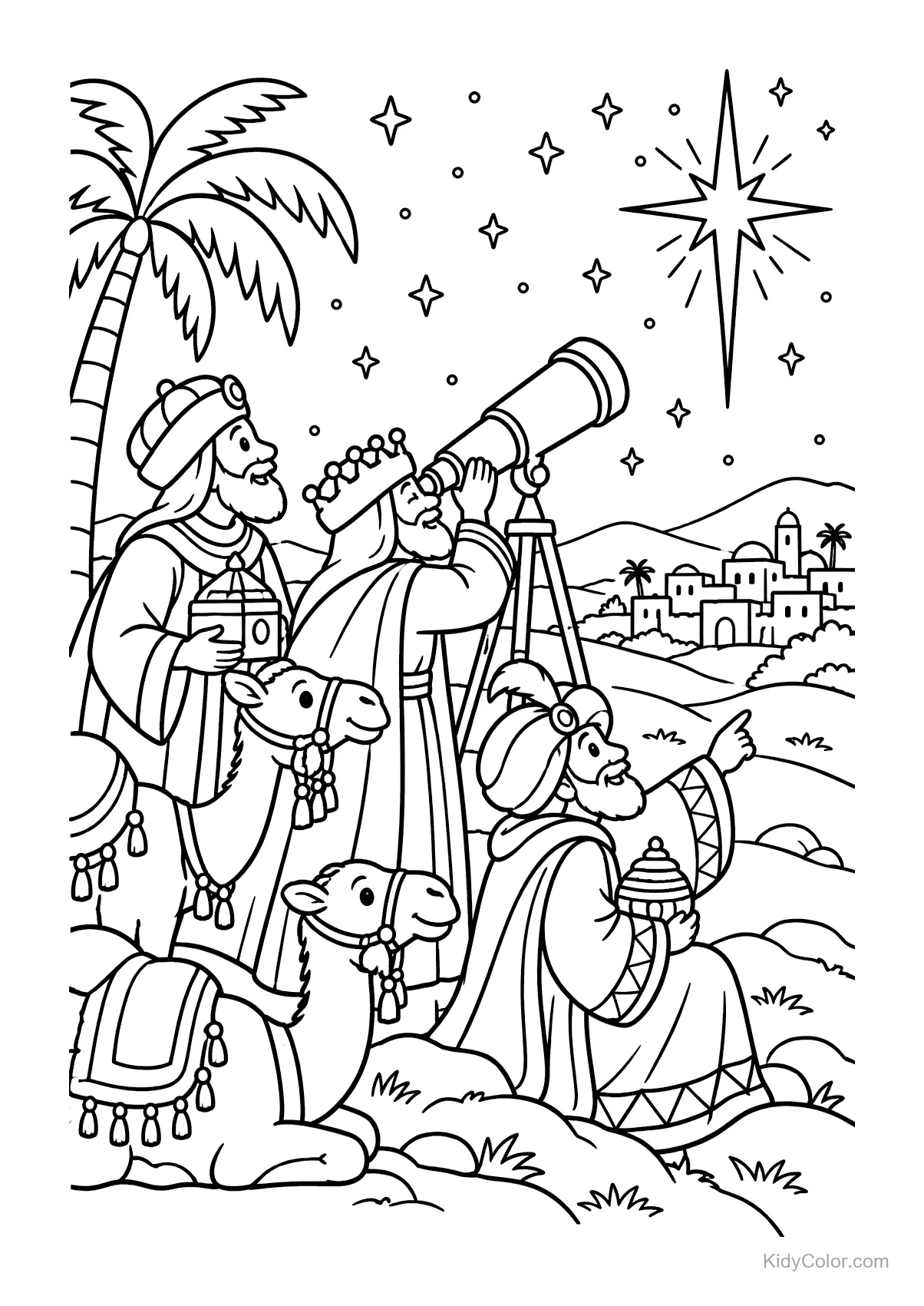 Wise men with camels and a telescope under a Christmas star.