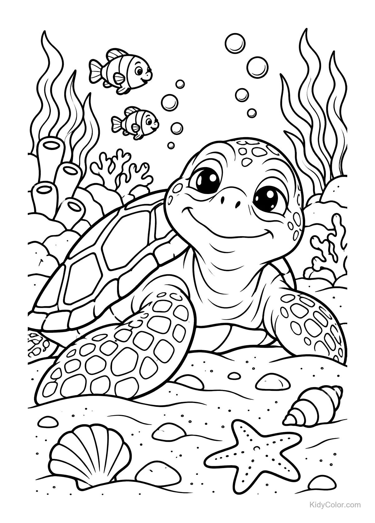 A sea turtle with fish and coral in an underwater garden.
