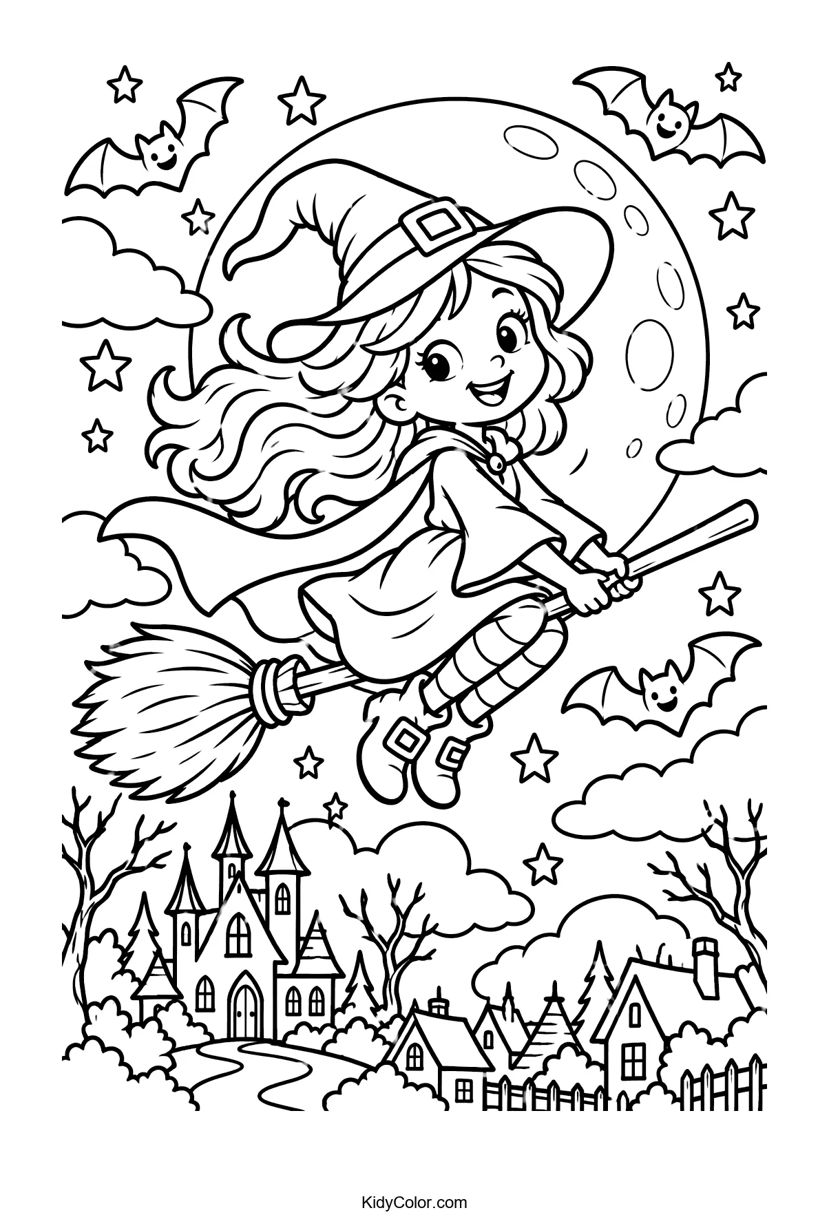 A cheerful witch on a broomstick over a haunted village with bats and a moon.