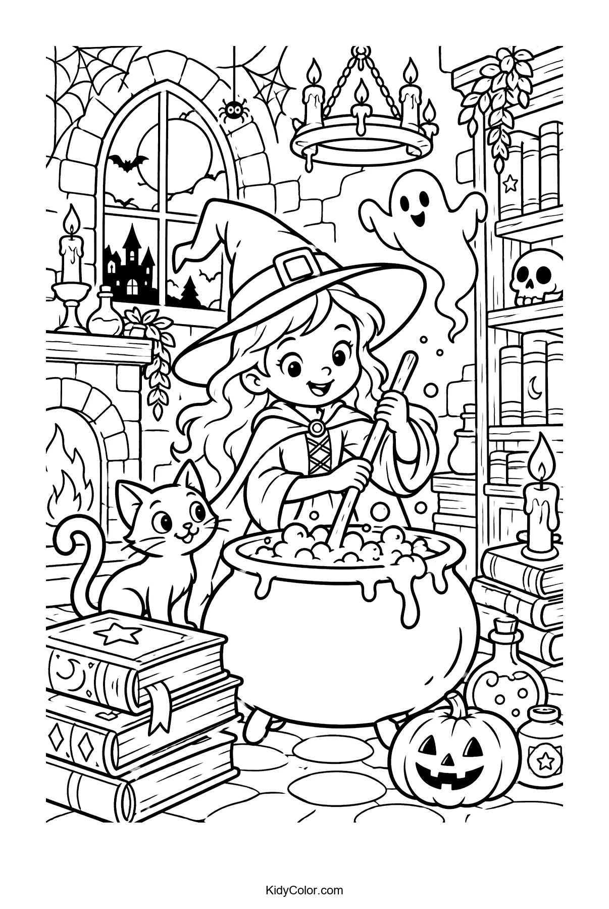 Witch stirring a cauldron with a cat, books, a pumpkin, and a ghost in a potion room.
