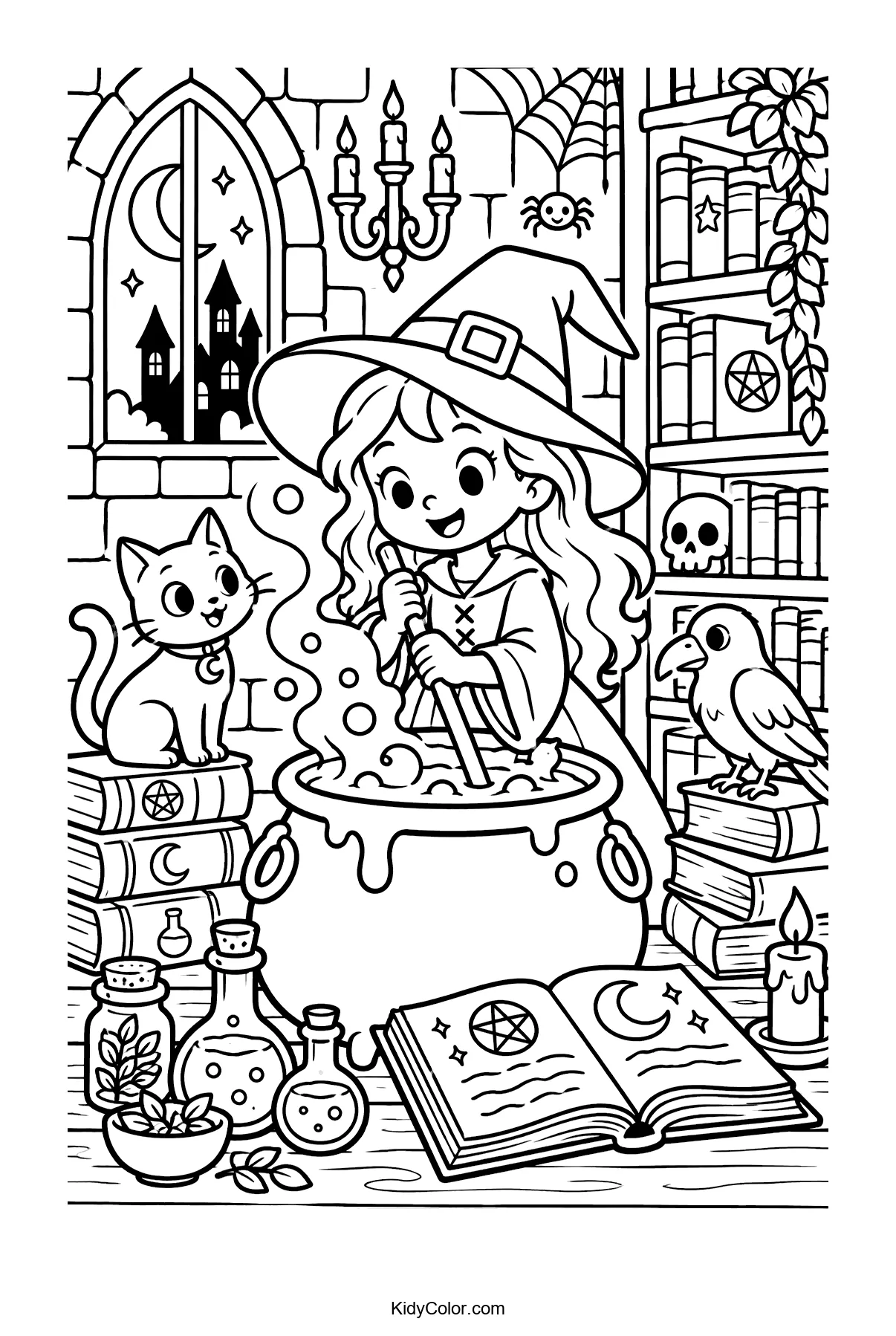 A witch stirs a cauldron surrounded by books, potions, a cat, and a parrot.