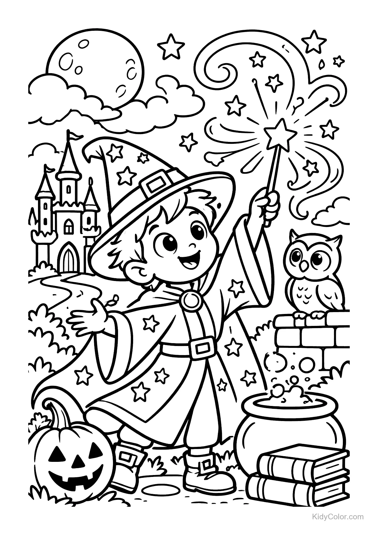 A wizard casts a spell by a castle with an owl and cauldron.