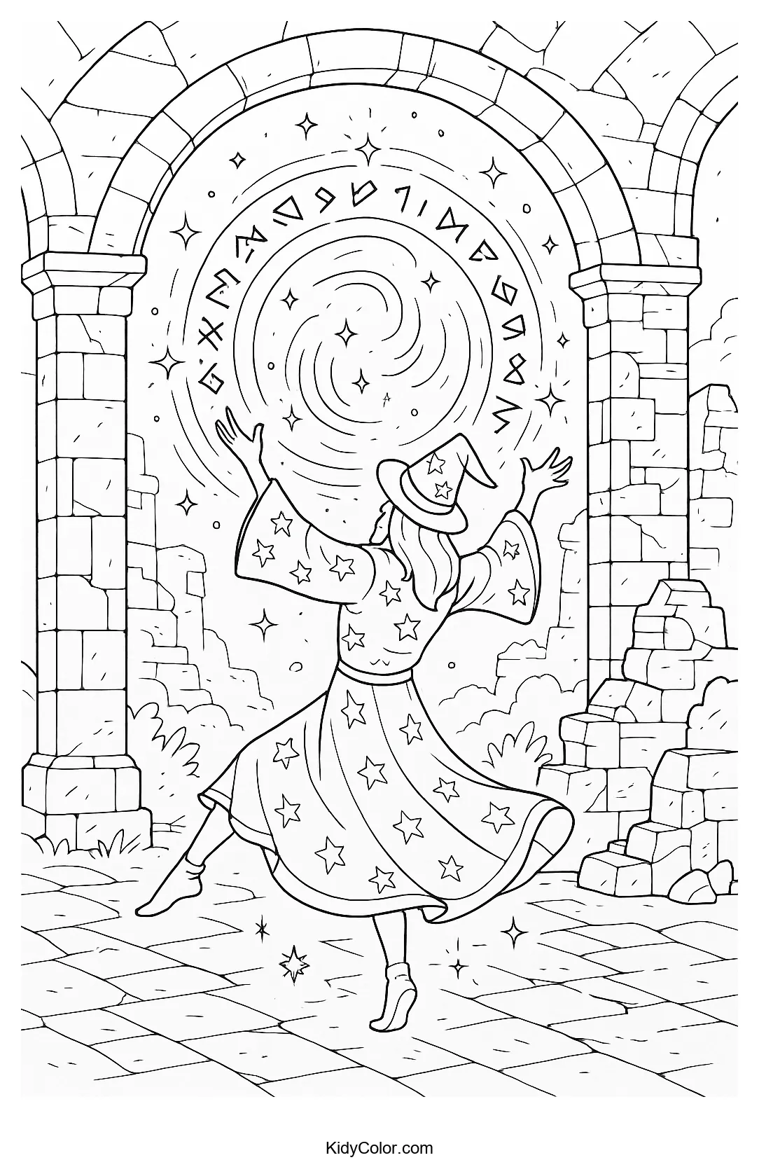 Wizard opening a portal in ancient ruins