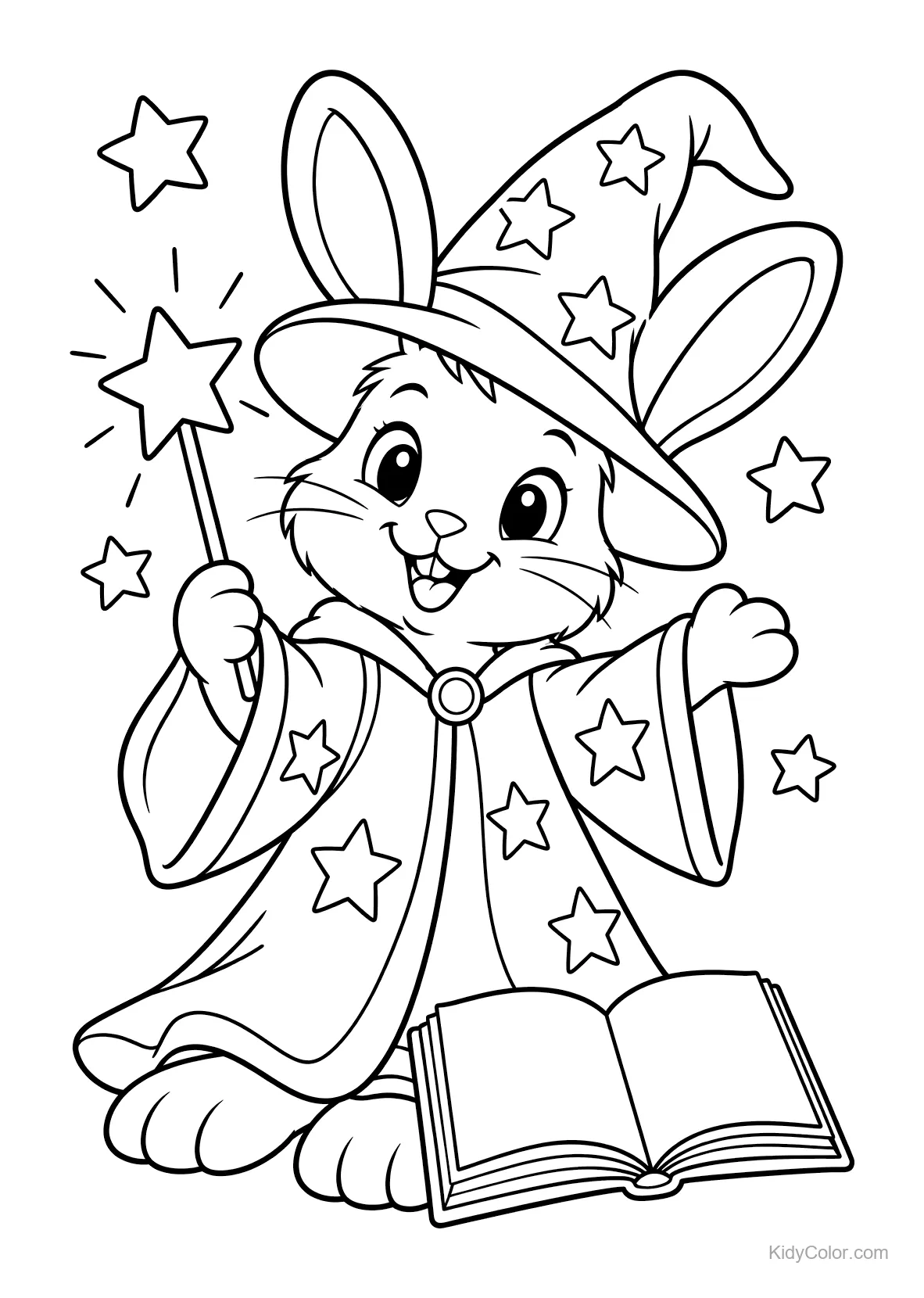 Coelho vestido de mágico com varinha e estrelas, ao lado de um livro aberto.