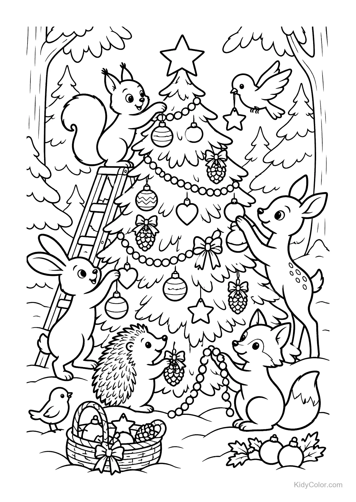 Animali del bosco decorano un albero di Natale con ornamenti e ghirlande.