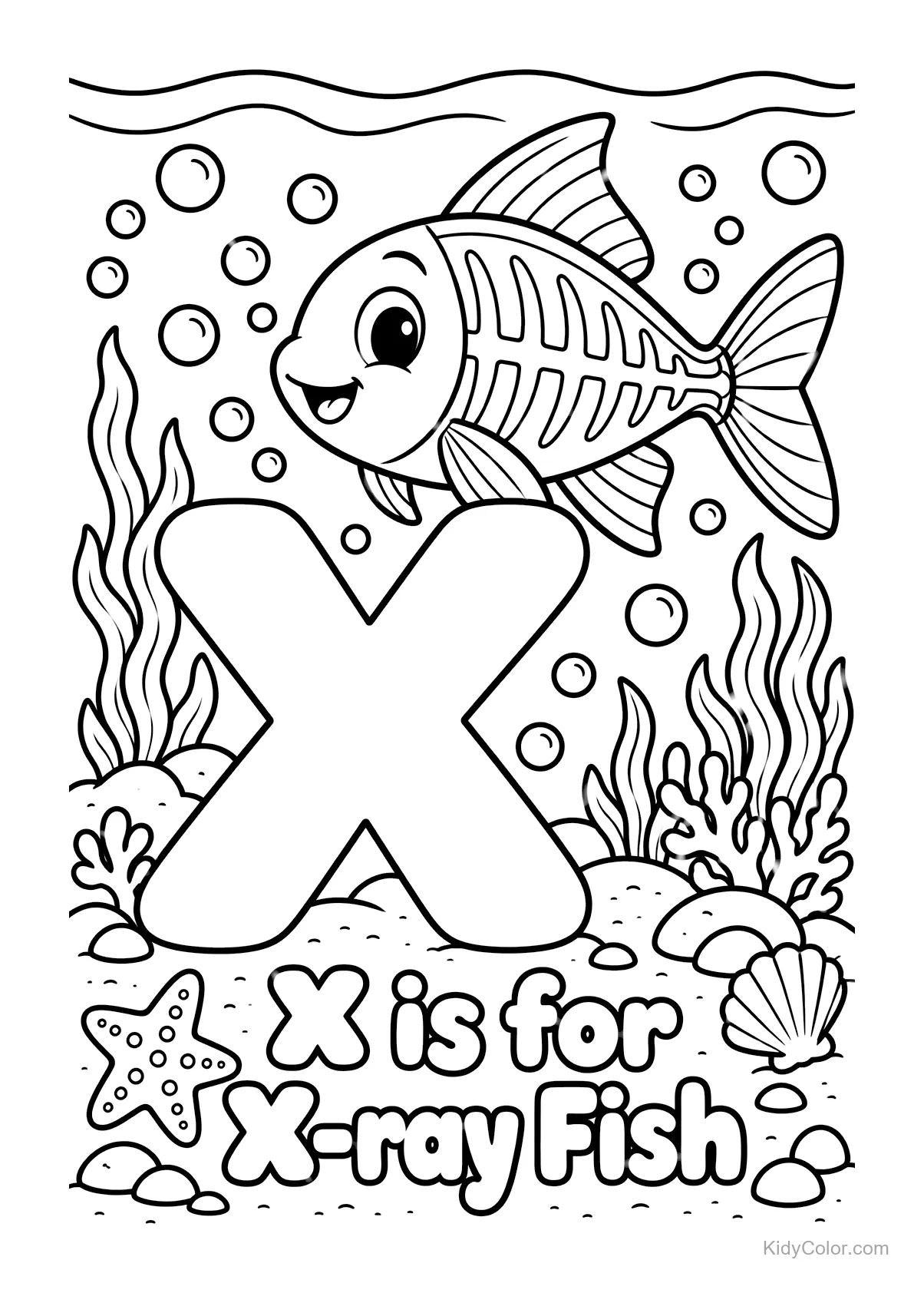 X-ray fish above a large letter X in an underwater scene.