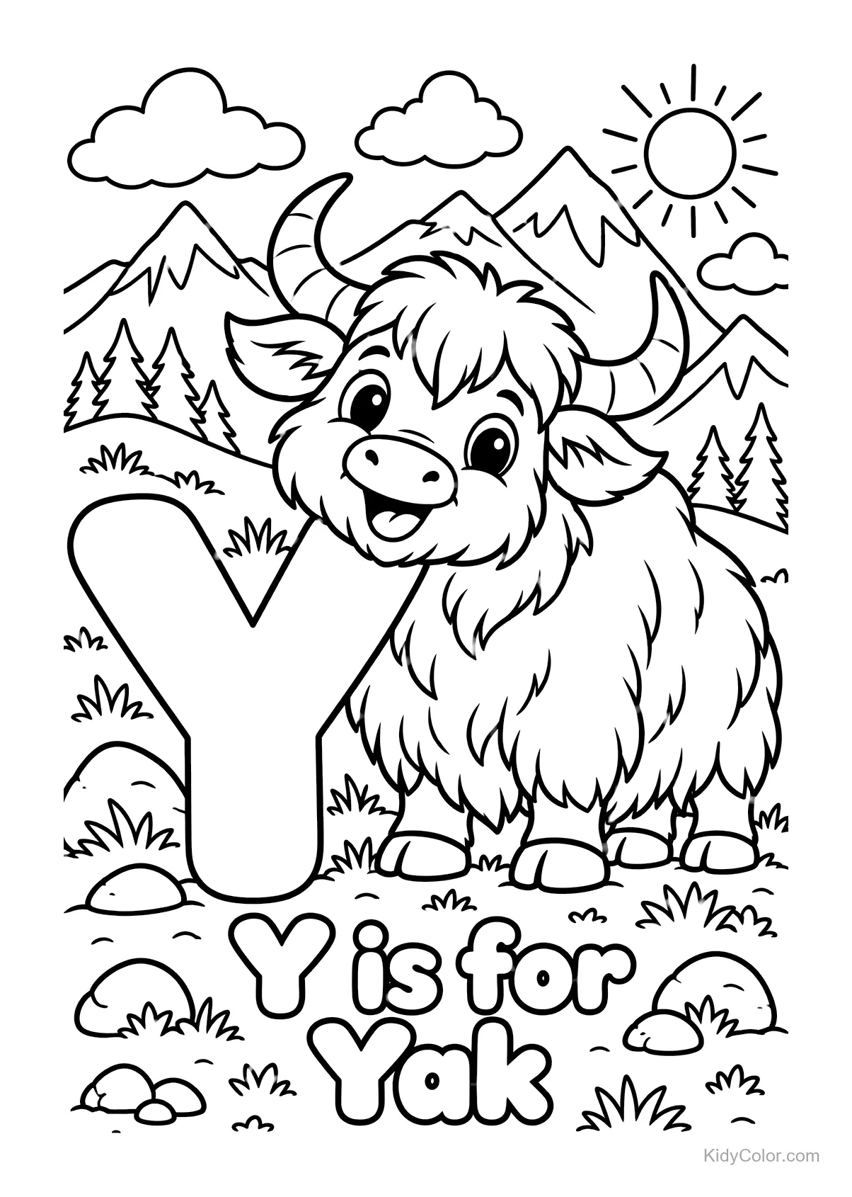 Yak in a mountain landscape with large letter Y and sun.