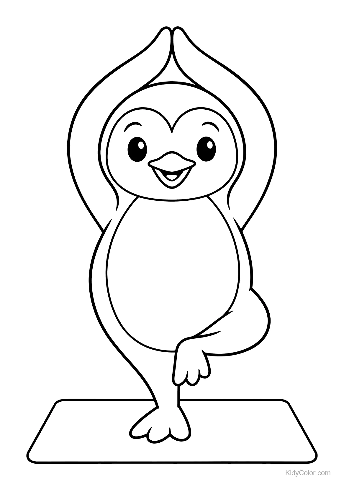 Pingouin faisant du yoga en posture de l'arbre sur un tapis.