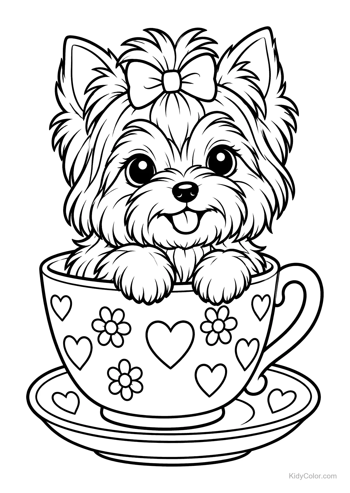 Yorkshire Terrier puppy sitting in a heart and flowered teacup.