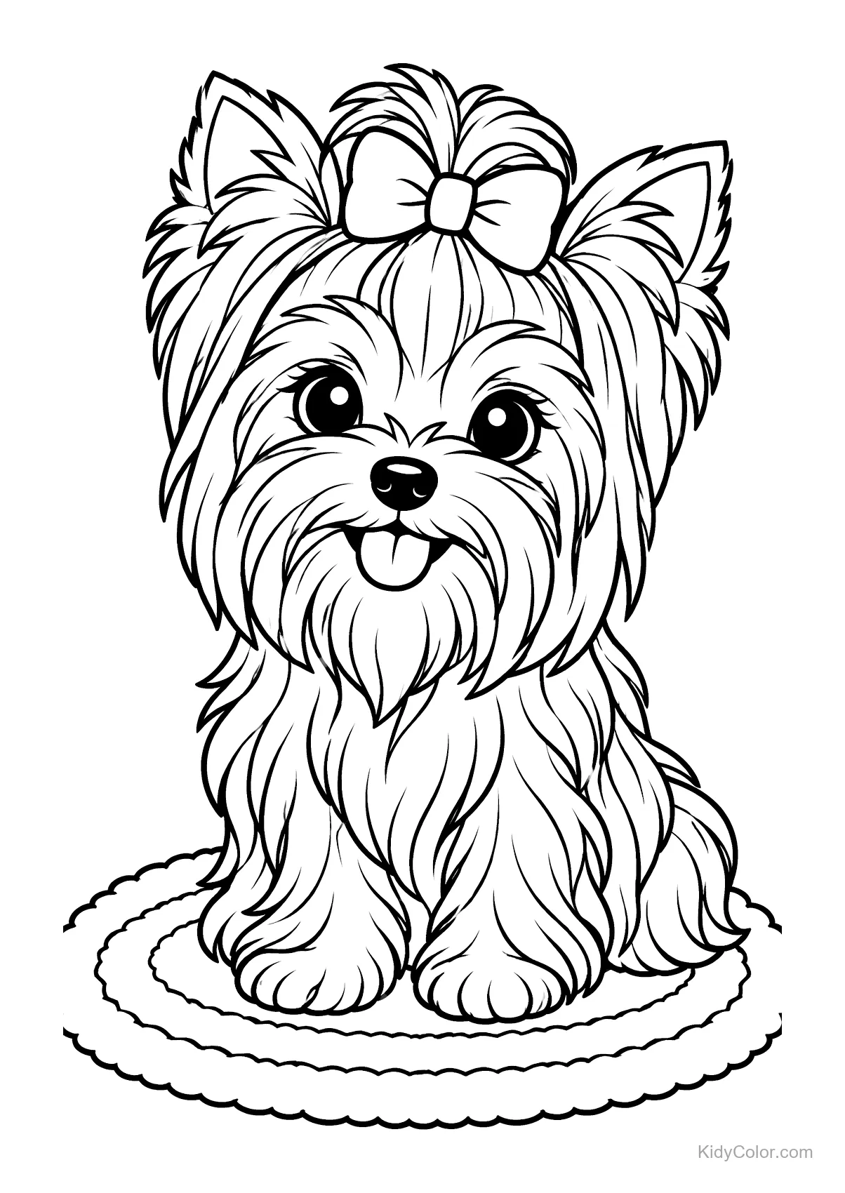 Yorkshire Terrier with a bow sitting on a fluffy rug.