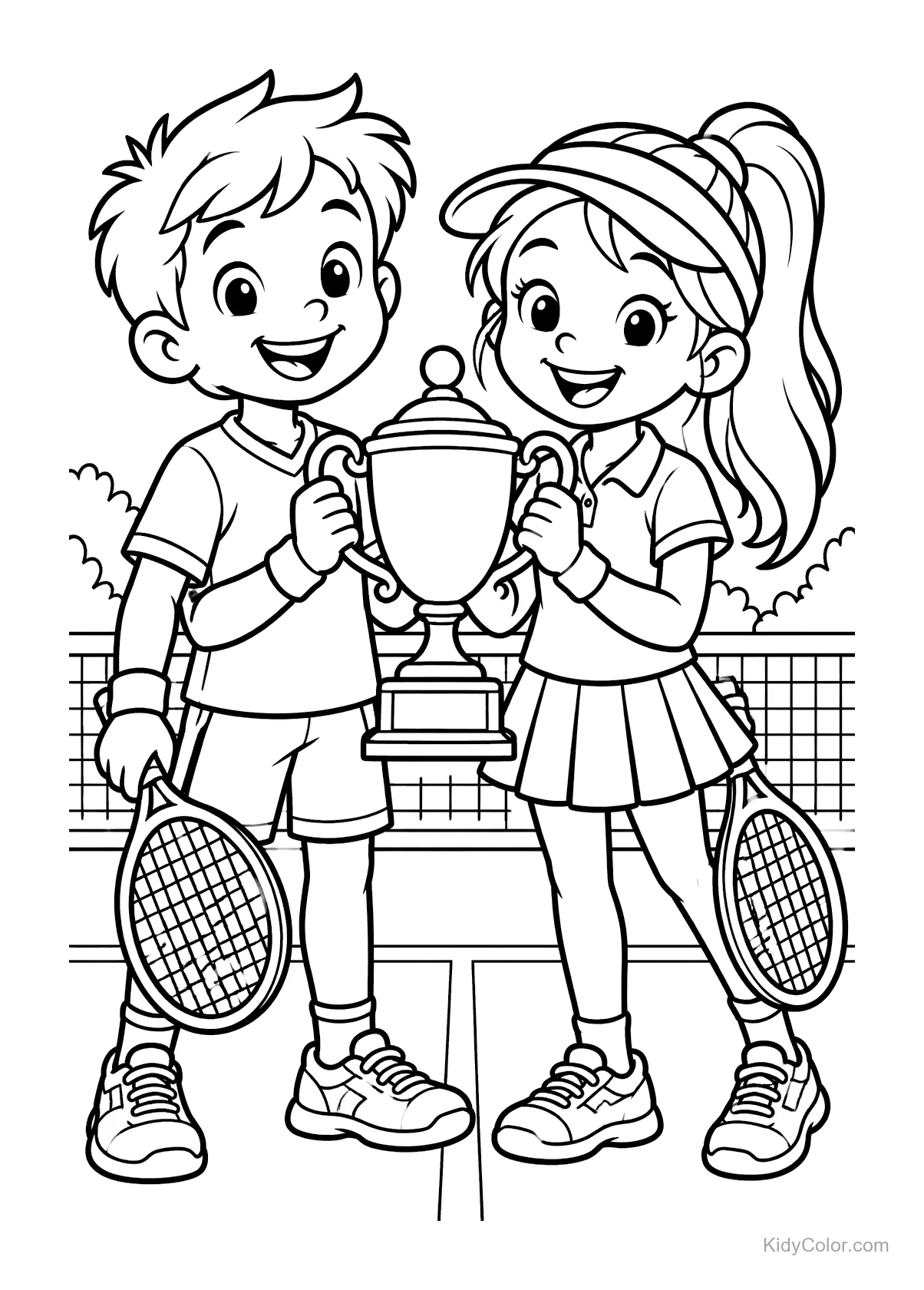 Dois jovens tenistas segurando um troféu e sorrindo.