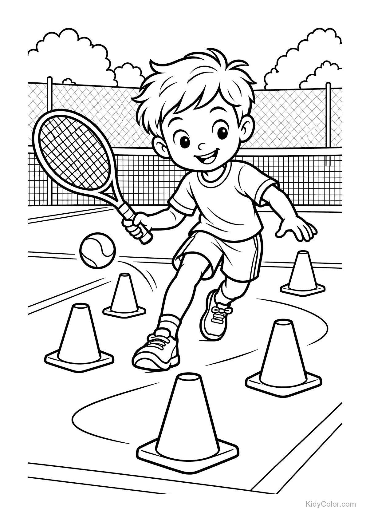 Young boy with a tennis racket navigating cones on a court.